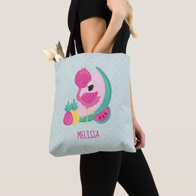 Bolsa Tote Flamingo rosa com melancia e abacaxi (Close Up)