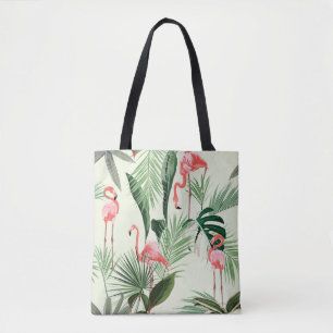 Bolsa Tote Flamingo rosa e flores exóticas, folhas de palma.