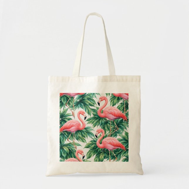 Bolsa Tote Flamingo Rosa e Padrão de Folhas Tropicais (Frente)