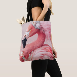 Bolsa Tote Flamingo Rosa Elegante com Pérolas e Penas