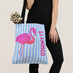 Bolsa Tote Flamingo Rosa em Listras Azuis