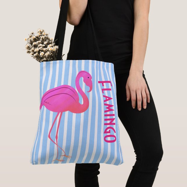 Bolsa Tote Flamingo Rosa em Listras Azuis (Close Up)