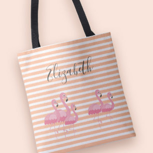 Bolsa Tote Flamingo Rosa Fofo Nome Personalizado Listra de Pê