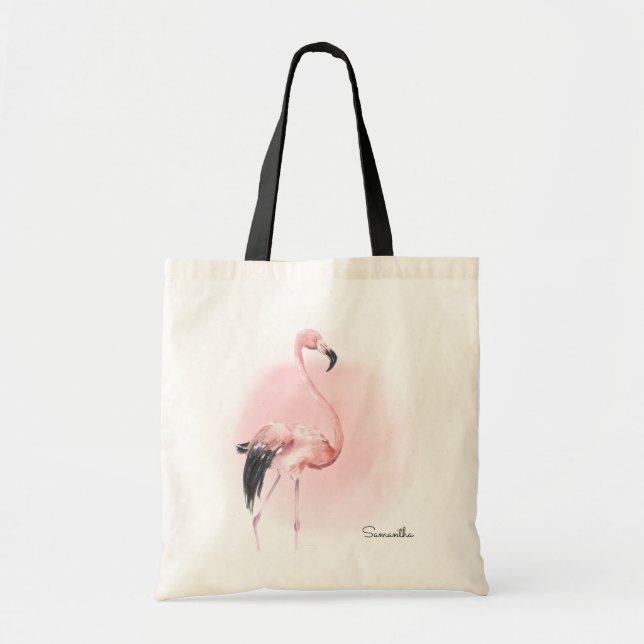 Bolsa Tote Flamingo Rosa Tropical com Nome (Frente)