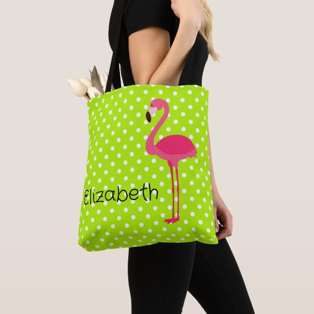 Bolsa Tote Flamingo Rosa Tropical em Pontos Brancos Verde (Close Up)