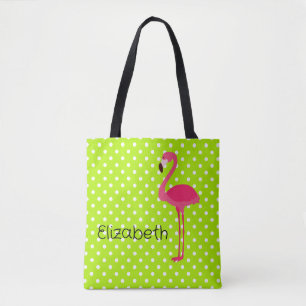 Bolsa Tote Flamingo rosa tropical sobre Bolinhas brancas verd