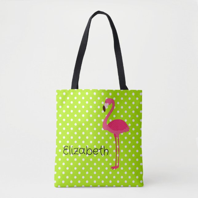 Bolsa Tote Flamingo rosa tropical sobre Bolinhas brancas verd (Frente)