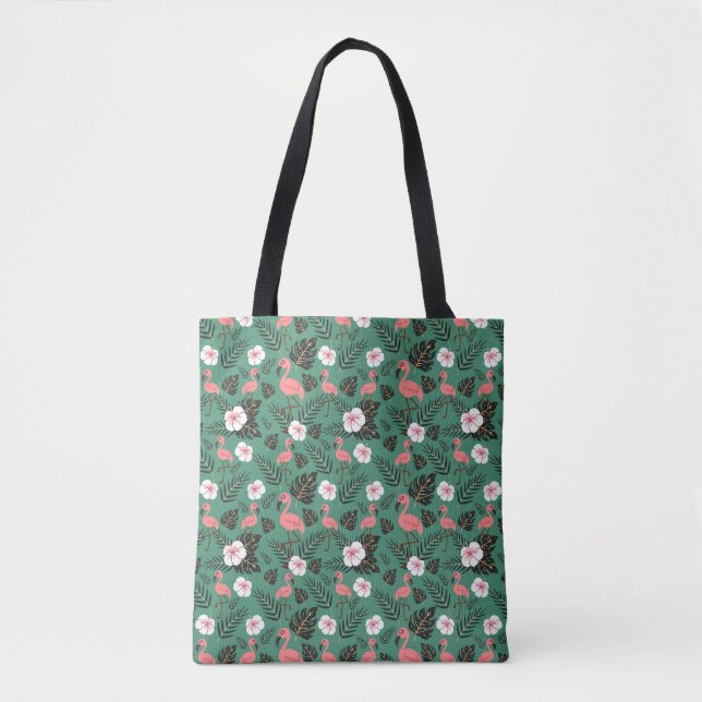 Bolsa Tote Flamingo seamless pattern pink on green background (Frente)