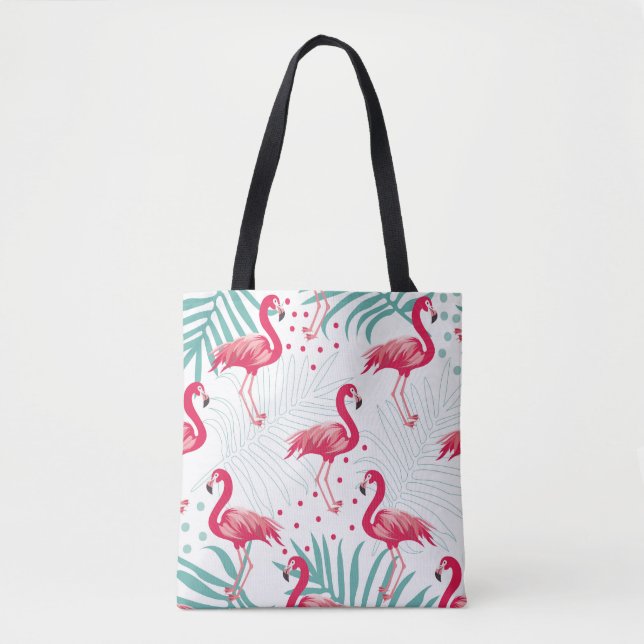 Bolsa Tote Flamingo tropical e folhas, padrão de verão. (Frente)