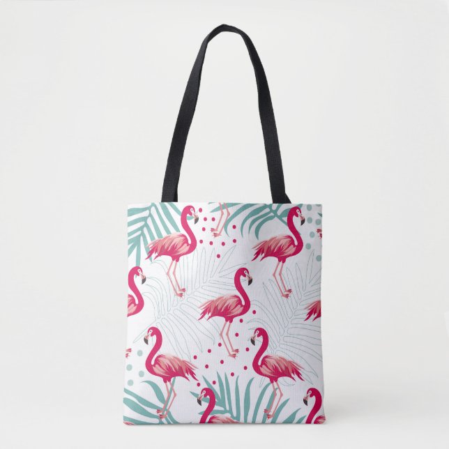 Bolsa Tote Flamingo tropical e folhas, padrão de verão. (Frente)