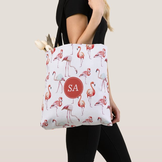 Bolsa Tote Flamingo Tropical, Rosa, Monograma, (Close Up)