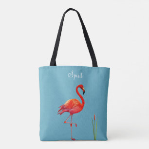 Bolsa Tote Flamingo Vermelho em Azul Claro