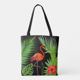 Bolsa Tote Flamingo Vermelho, Hibisco & Folhas de Palmeira em
