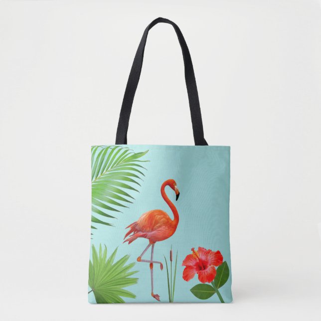 Bolsa Tote Flamingo Vermelho, Hibisco & Folhas de Palmeira Tr (Frente)