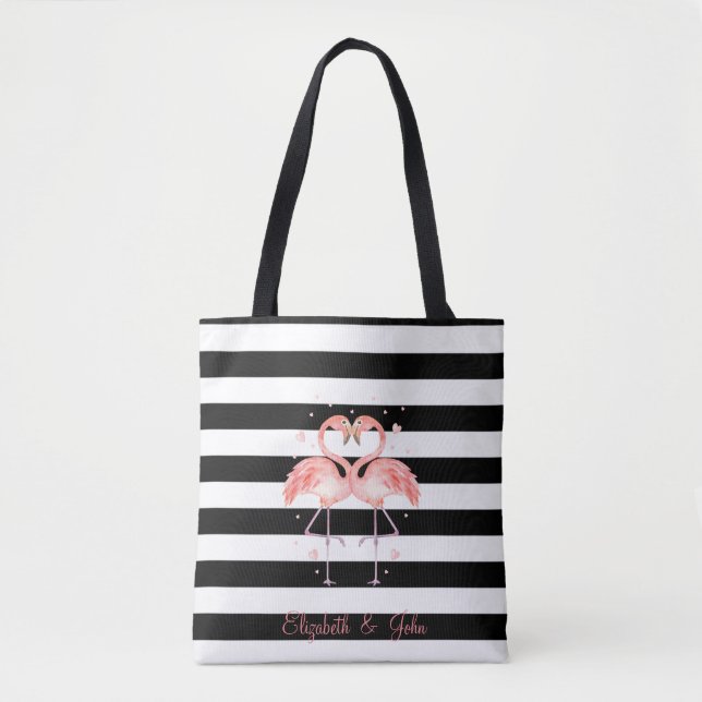 Bolsa Tote Flamingos Bons Apaixonados,Stripes Brancas Negras (Frente)