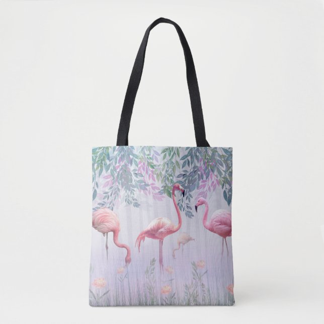 Bolsa Tote Flamingos cor-de-rosa da família dos brancos tropi (Frente)