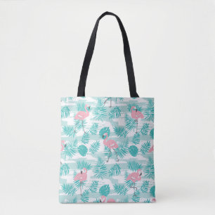Bolsa Tote flamingos cor-de-rosa, palmeiras verdes, tropicais