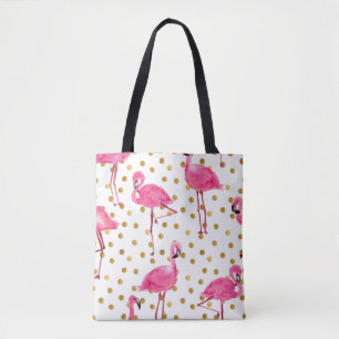 Bolsa Tote flamingos cor-de-rosa, pontos ouros, aquarela.