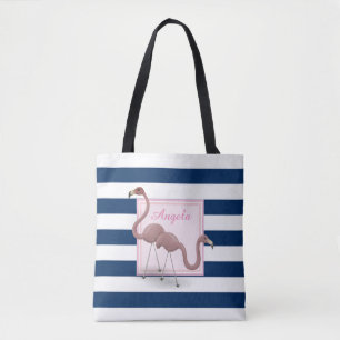 Bolsa Tote Flamingos de desenho animado listrados modernos -