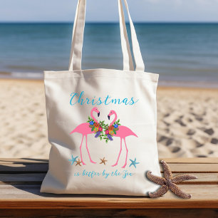 Bolsa Tote Flamingos de Natal à Beira-Mar Dizendo