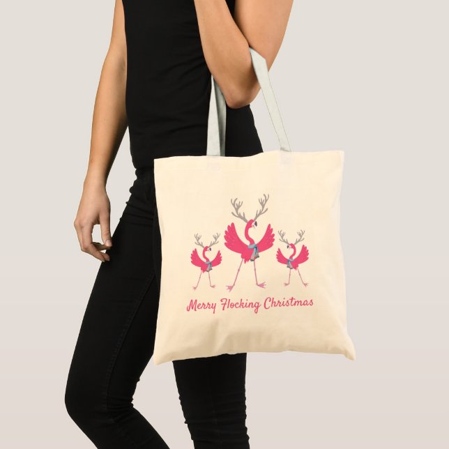 Bolsa Tote Flamingos Engraçados de Natal com feliz (Frente (produto))