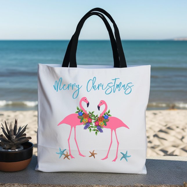 Bolsa Tote Flamingos Natal Saudação Azul (Criador carregado)