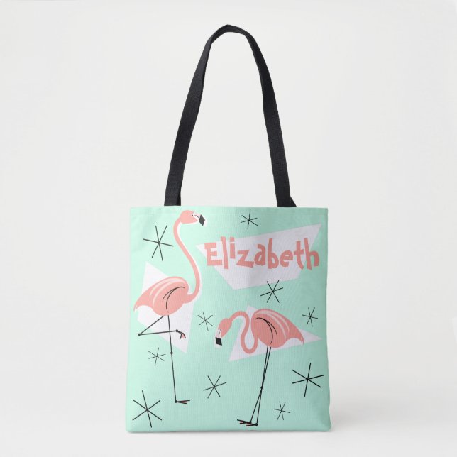 Bolsa Tote Flamingos - Nome Verde Retroativo em várias costas (Frente)