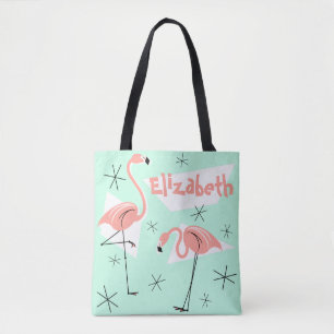 Bolsa Tote Flamingos Nome Verde Retroativo por toda a mala