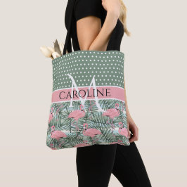 Bolsa Tote Flamingos Rosa Bege Personalizados Padrão Folhas d