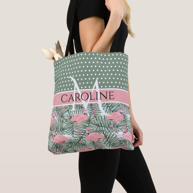 Bolsa Tote Flamingos Rosa Bege Personalizados Padrão Folhas d (Close Up)
