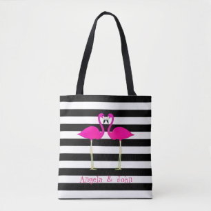 Bolsa Tote Flamingos Rosa, Pretos, Stripes Brancas Personaliz