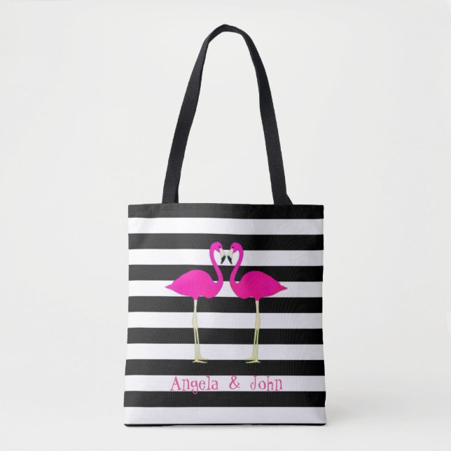Bolsa Tote Flamingos Rosa, Pretos, Stripes Brancas Personaliz (Frente)