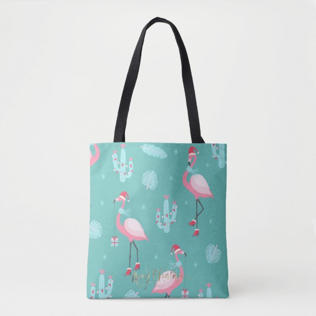 Bolsa Tote Flamingos Santa Hat Presents Flocos de Neve (Frente)
