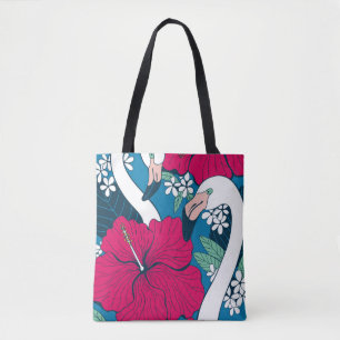 Bolsa Tote Flamingos Tropicais: Fundo de Hibiscus Plumeria.