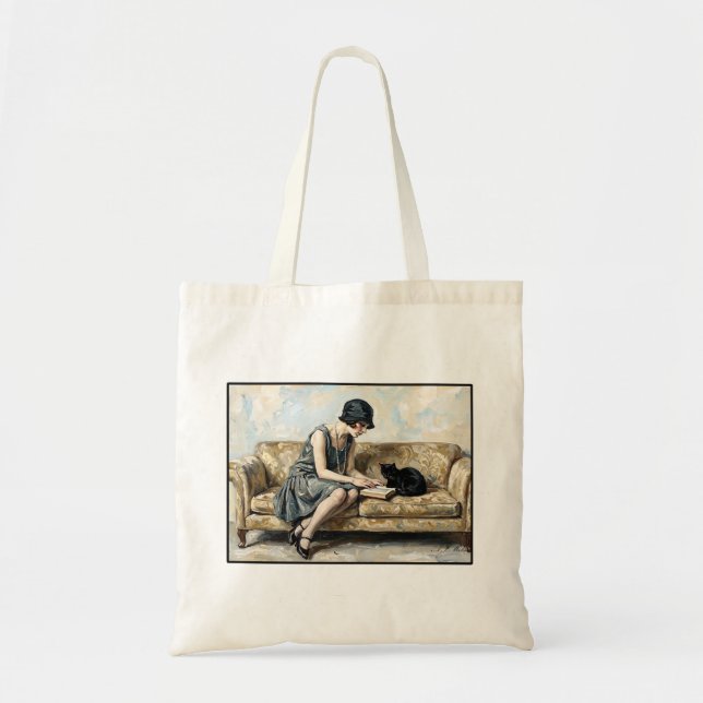 Bolsa Tote Flapper girl Reading Oil painting Art Book Lover (Frente)