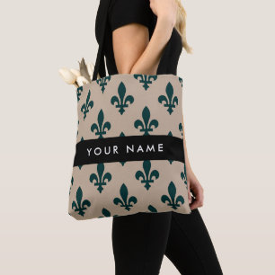 Bolsa Tote Fleur de Lis, Verde sobre Bege, Real, Seu Nome