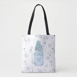 Bolsa Tote Floco de neve azul Mason Jar Milkshake Monograma