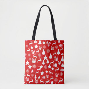 Bolsa Tote Floco de neve branco de Natal em bakcgrou vermelho