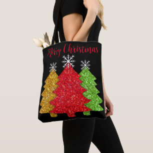 Bolsa Tote Floco de neve de árvore de Natal, verde-de-ouro es