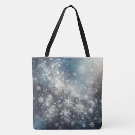 Bolsa Tote Floco de neve de prata e azul Inverno
