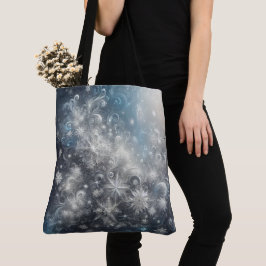 Bolsa Tote Floco de neve de prata e azul Inverno