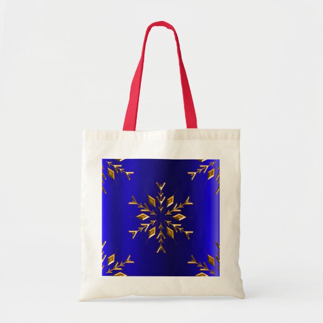 Bolsa Tote Floco de neve ouro no Natal Azul (Frente)