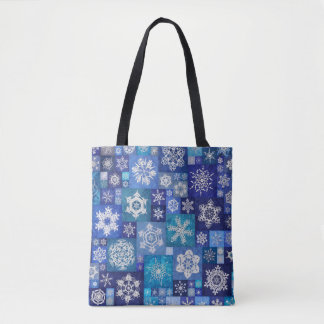 Bolsa Tote Flocos de Neve Crochê Azul Patchwork Digital