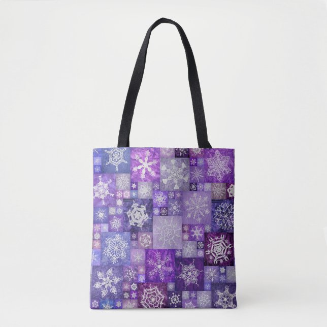 Bolsa Tote Flocos de Neve Crochê Roxo Digital Patchwork (Frente)