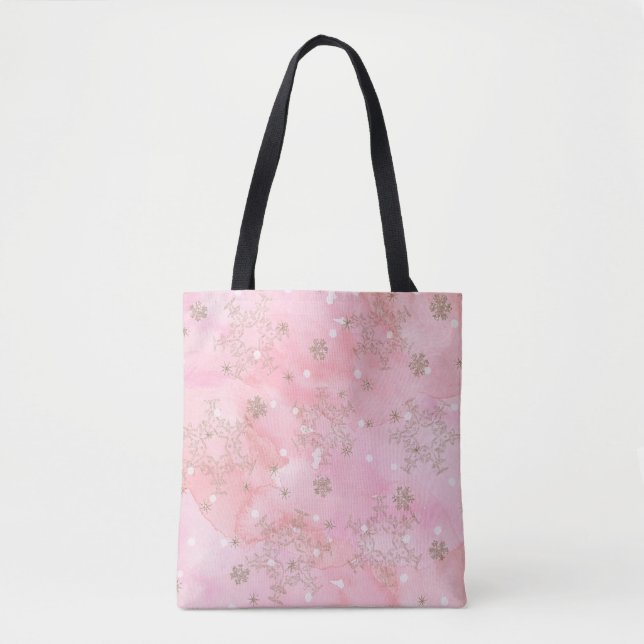 Bolsa Tote Flocos de Neve de Natal Rosa Padrão Boho (Frente)