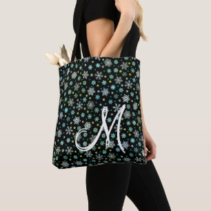 Bolsa Tote Flocos de neve pretos em várias formas Monograma m