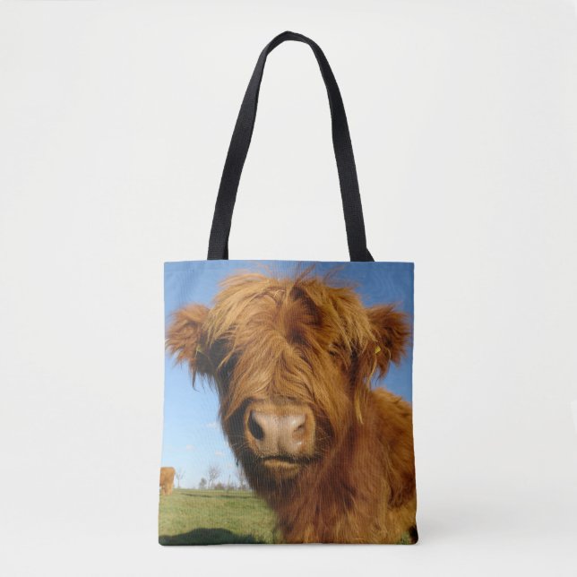 Bolsa Tote Floffy Scottish Highland Cow - Blue Sky (Frente)