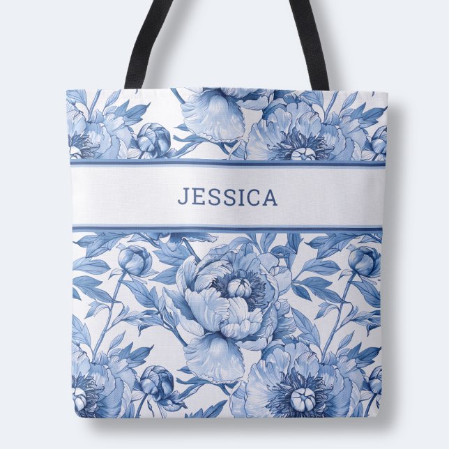 Bolsa Tote Flor Azul Elegante Padrão Floral Flores Botânicas (Elegant Blue Floral Pattern Cute Botanical Flowers Tote Bag)