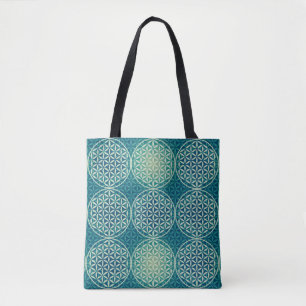 Bolsa Tote Flor da Vida - padrão de selo - azul ciano