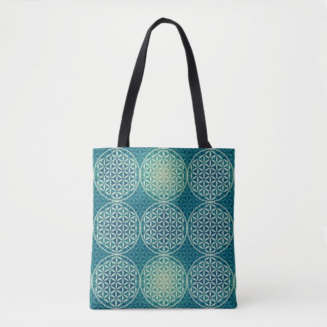 Bolsa Tote Flor da Vida - padrão de selo - azul ciano (Frente)